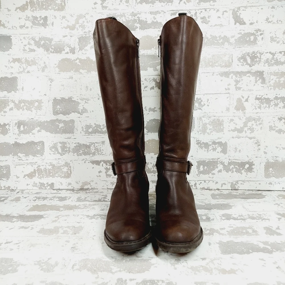 Blondo Valente Brown Leather Elastic Panel Buckle Detail Riding Boots H684